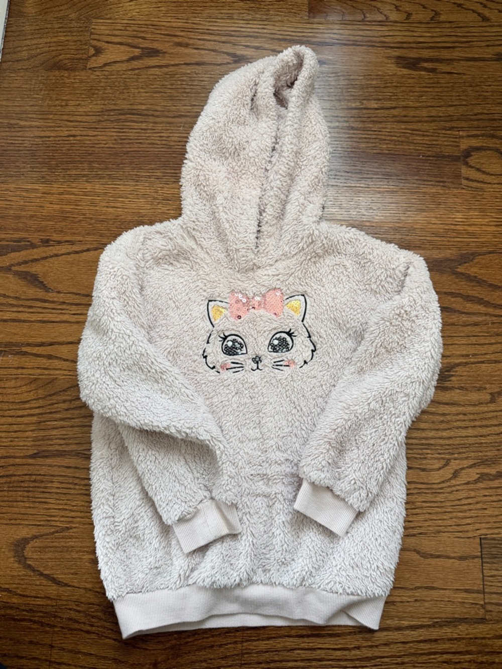 Cozy Cream Plush Hooded Top with Kitty Embroidery - Kids